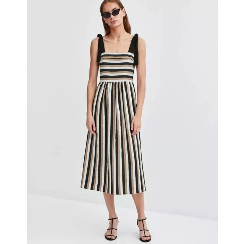 Zara Black White Brown Stripe Tie Strap Midi Dress